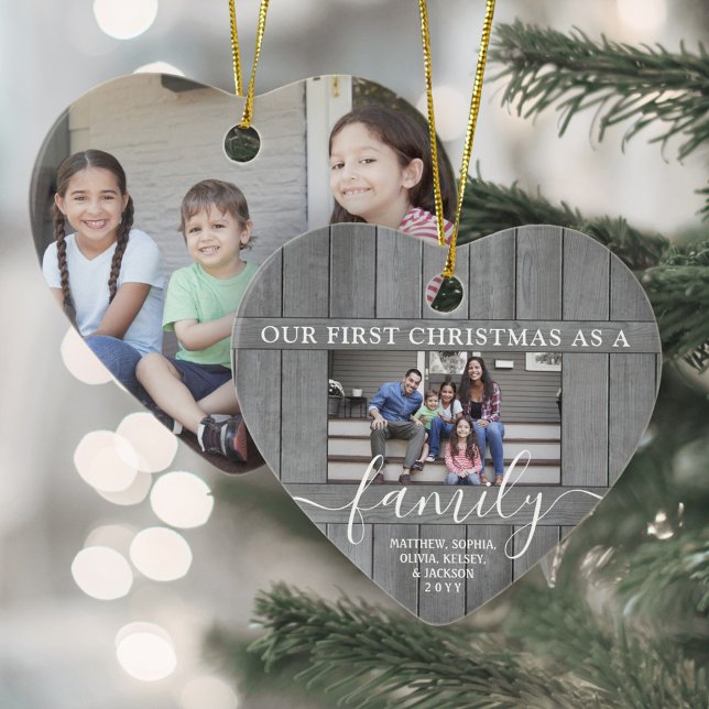 Family 2 Photo First Christmas Faux Gray Wood Ceramic Ornament (Creator Uploaded)