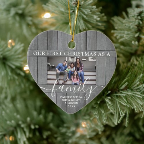 Family 2 Photo First Christmas Faux Gray Wood Ceramic Ornament