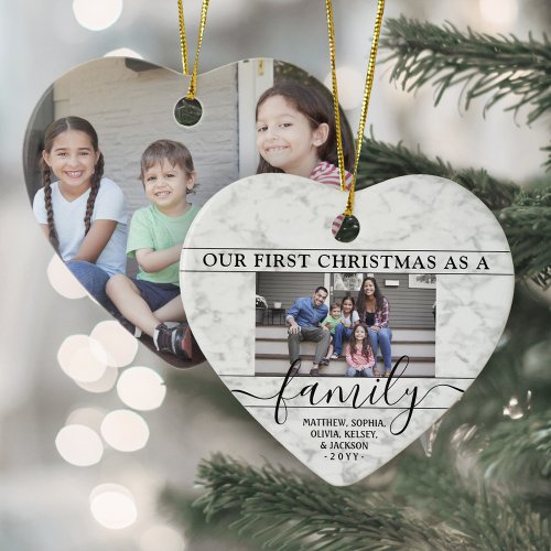 Family 2 Photo First Christmas Faux Marble Heart Ceramic Ornament