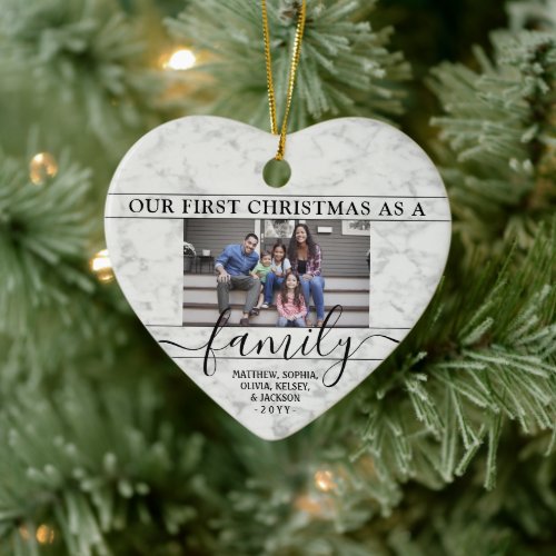 Family 2 Photo First Christmas Faux Marble Heart Ceramic Ornament