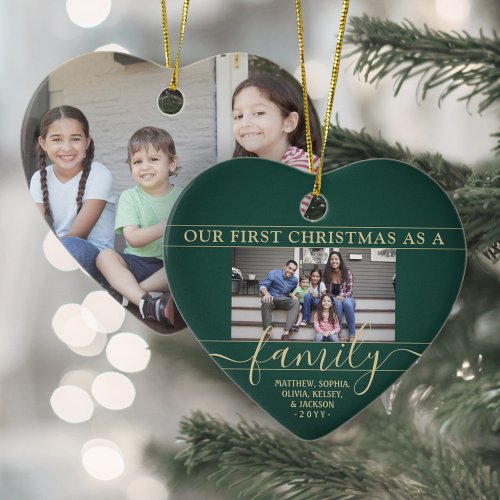 Family 2 Photo First Christmas Green  Gold Heart Ceramic Ornament