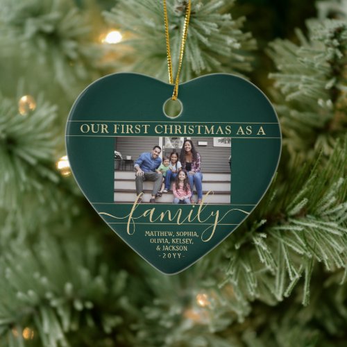 Family 2 Photo First Christmas Green  Gold Heart Ceramic Ornament