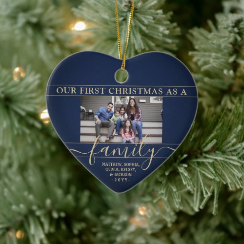 Family 2 Photo First Christmas Navy Blue and Gold Ceramic Ornament