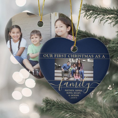 Family 2 Photo First Christmas Navy Blue and Gold Ceramic Ornament