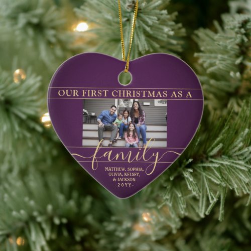 Family 2 Photo First Christmas Purple Gold Heart Ceramic Ornament