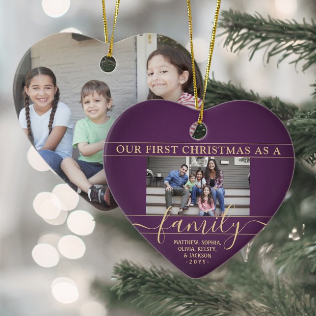 Family 2 Photo First Christmas Purple Gold Heart Ceramic Ornament (Creator Uploaded)