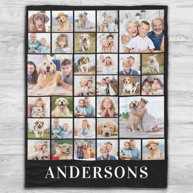 Family 33 Photo Collage Personalized Name Black Fleece Blanket