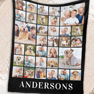Family 33 Photo Collage Personalized Name Black Fleece Blanket