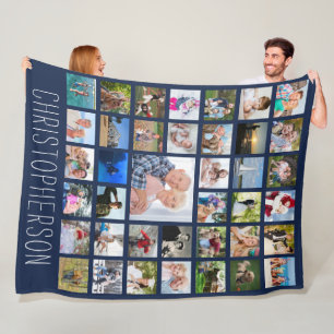 Family 39 Photo Collage Personalized Navy Blue Fleece Blanket