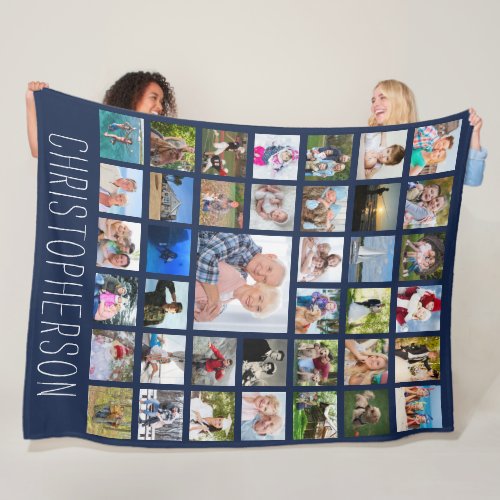 Family 39 Photo Collage Personalized Navy Blue Fleece Blanket