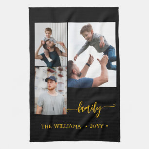 family 3 photo collage black gold script magnet kitchen towel
