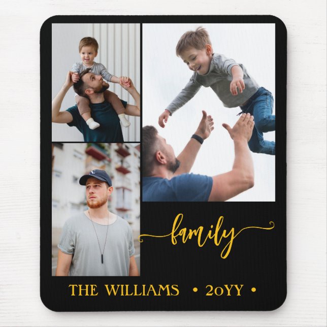 family 3 photo collage black gold script magnet mouse pad (Front)