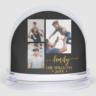 family 3 photo collage black gold script magnet snow globe