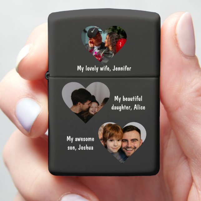Family 3 Photo Collage Personalized Heart Shape Zippo Lighter (In Hand)