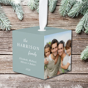 Family 3 Photo Sage Green Christmas Cube Ornament