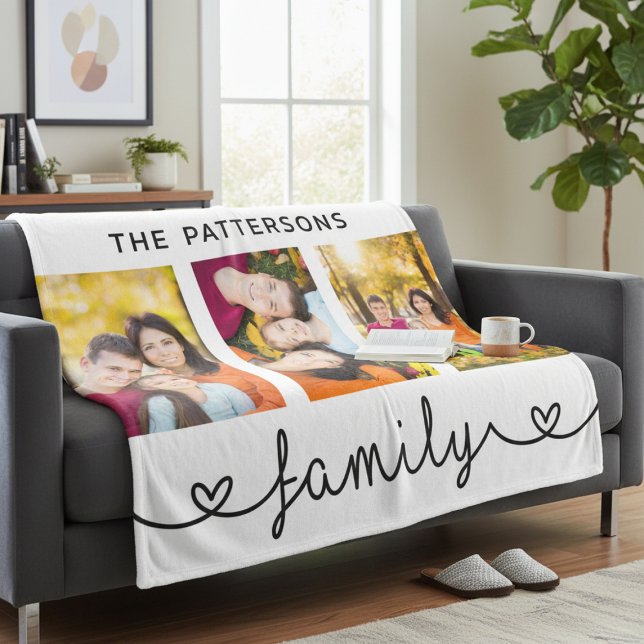 Family 3 Photo Template Personalized Script Fleece Blanket (Creator Uploaded)