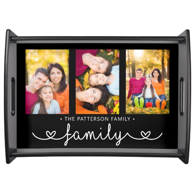 Family 3 Photo Template Personalized Script Serving Tray (Front)