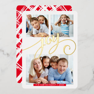 FAMILY 3 PHOTO whimsical calligraphy fun JOY gold Foil Holiday Card