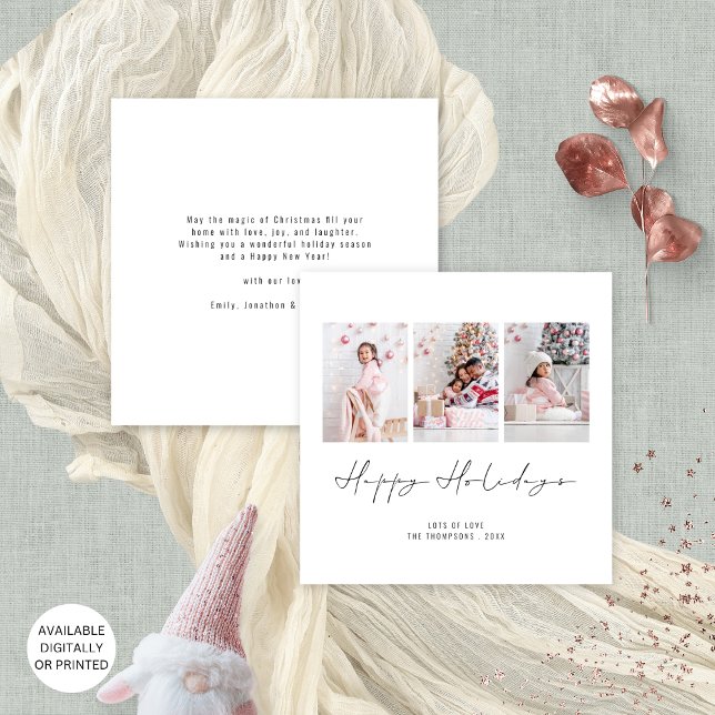 Family 3 Photos Christmas Happy Holidays Holiday Card (Front and back view. Available digitally or printed)