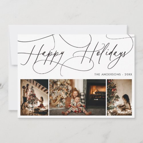 Family 3 Photos Happy Holidays Handwritten Script Holiday Card