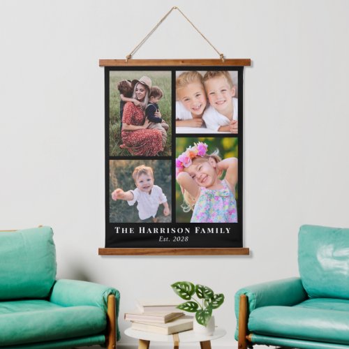Family 4 Photo Collage Black Hanging Tapestry