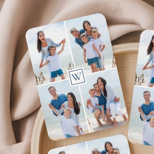 Family 4-Photo Collage Blue Monogram Poker Cards