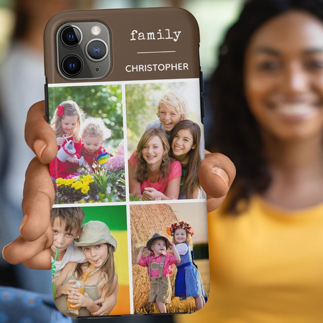Family 4 Photo Collage Chocolate Brown Custom Case-Mate iPhone Case (Creator Uploaded)