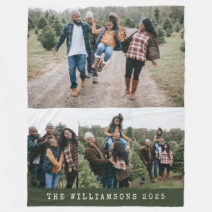 Family 4 Photo Collage Custom Name Green Christmas Fleece Blanket