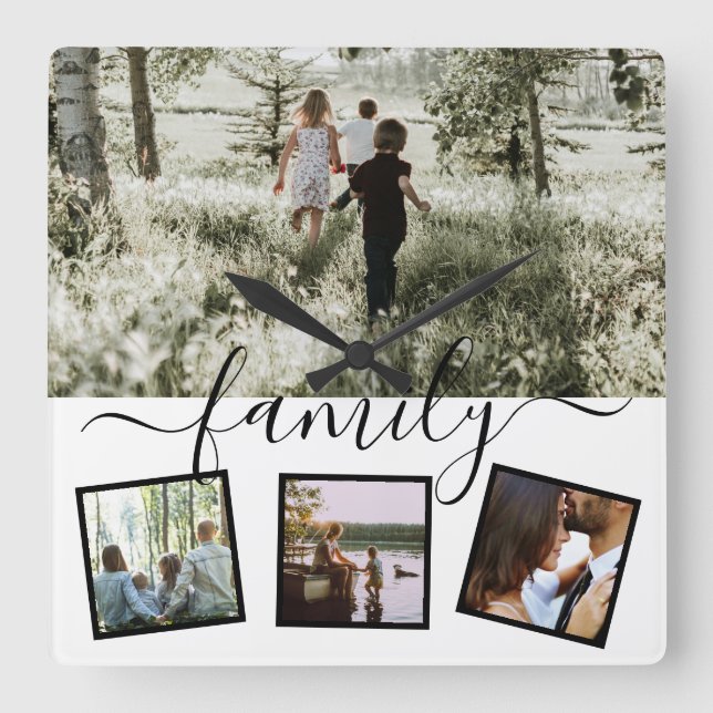Family 4 photo collage custom personalized square wall clock (Front)