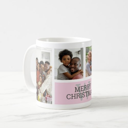 Family 4 Photo Collage Monogram Pink Christmas Coffee Mug