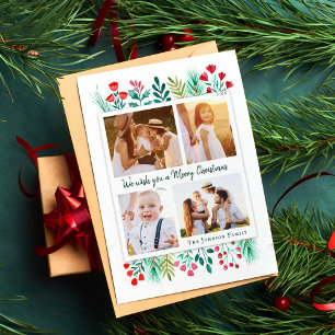 Family 4 Photo Collage Watercolor Foliage  Holiday Card
