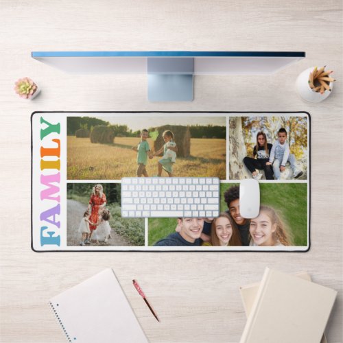 Family 4 photos collage modern colorful typography desk mat
