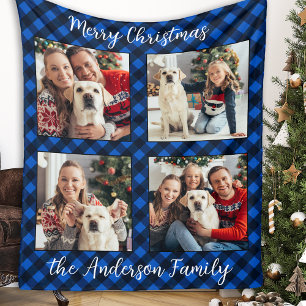 Family 4 Pictures Personalized Plaid Christmas Fleece Blanket