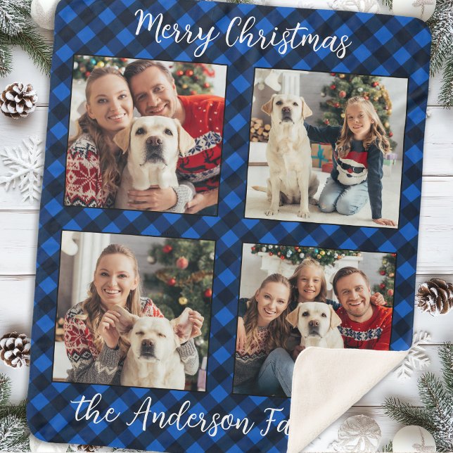 Family 4 Pictures Personalized Plaid Christmas Sherpa Blanket (Creator Uploaded)