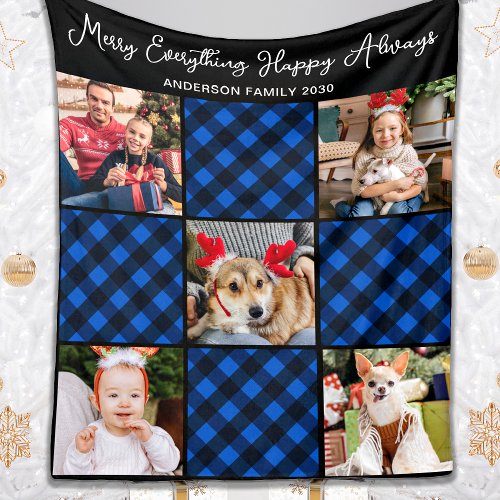 Family 5 Photo Collage Personalized Blue Plaid Fleece Blanket