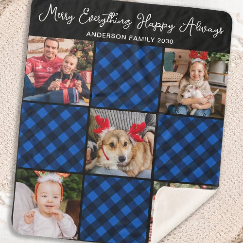 Family 5 Photo Collage Personalized Blue Plaid  Sherpa Blanket