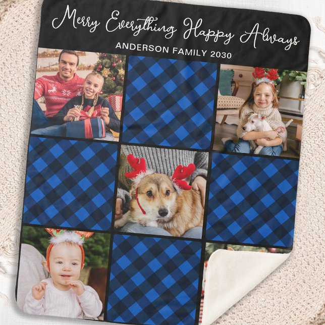 Family 5 Photo Collage Personalized Blue Plaid  Sherpa Blanket (Creator Uploaded)