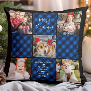 Family 5 Photo Collage Personalized Blue Plaid Throw Pillow