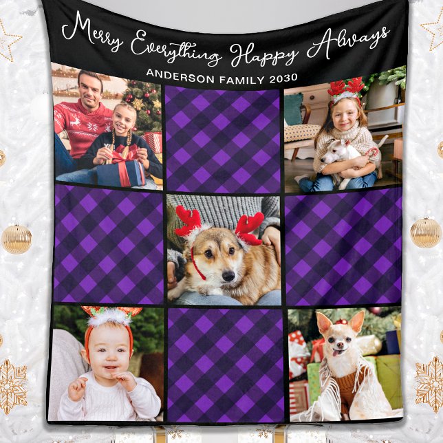 Family 5 Photo Collage Personalized Holiday Plaid Fleece Blanket (Creator Uploaded)