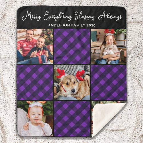 Family 5 Photo Collage Personalized Holiday Plaid  Sherpa Blanket