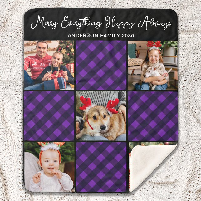 Family 5 Photo Collage Personalized Holiday Plaid  Sherpa Blanket (Creator Uploaded)
