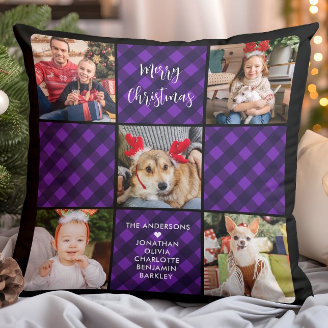 Family 5 Photo Collage Personalized Holiday Plaid Throw Pillow (Creator Uploaded)