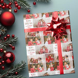 Family 5 Photo Collage Red Green Merry Christmas Wrapping Paper<br><div class="desc">Clean,  modern family photo collage Merry Christmas wrapping paper with five of your favorite holiday photographs. Modern photograph template for a festive and cute gift wrap with your kids pictures. Red and green handwritten script with your personalized name.</div>