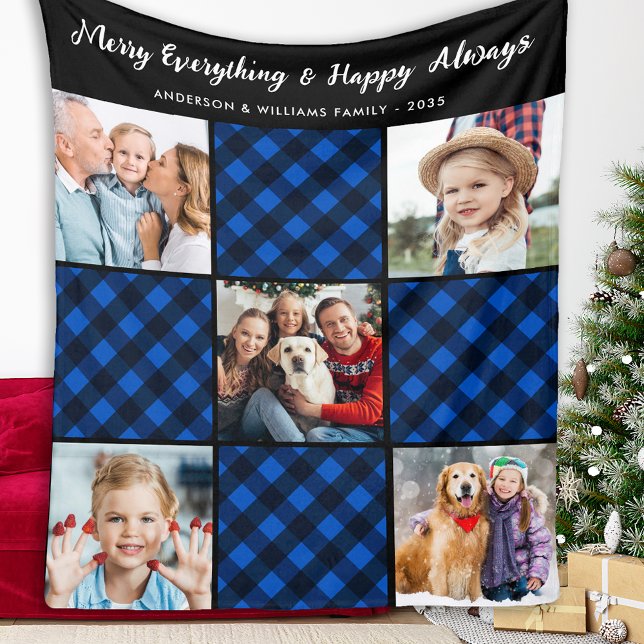 Family 5 Picture Patchwork Personalized Blue Plaid Fleece Blanket (Creator Uploaded)