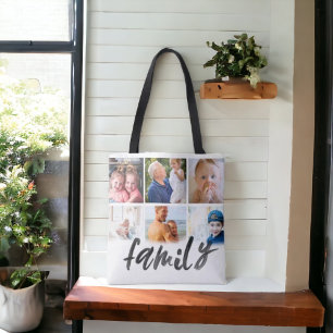 family 6 photo collage custom script tote bag