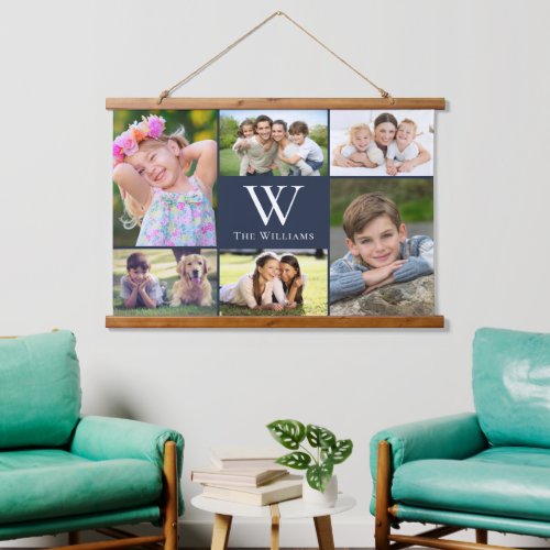 Family 6 Photo Collage Monogram Blue Hanging Tapestry