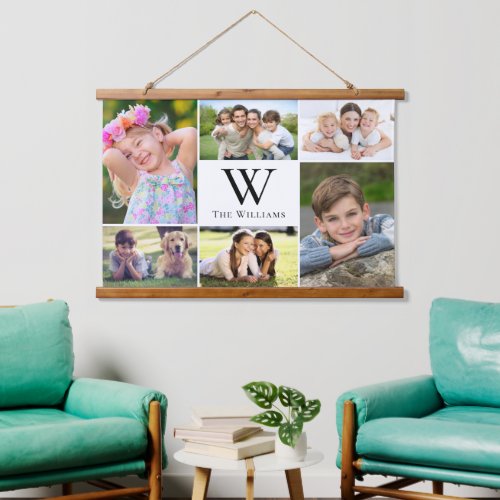 Family 6 Photo Collage Monogram Hanging Tapestry