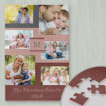 Family 6 Photo Collage Monogram Name Pink Jigsaw Puzzle<br><div class="desc">Custom jigsaw puzzle with 6 of your own photos, your family name, monogram initial and the year. The design includes square photos and landscape photos on a background of pink, maroon red and blue grey. Lovely family gift and with over 1000 pieces, makes for a fun and rewarding challenge for...</div>
