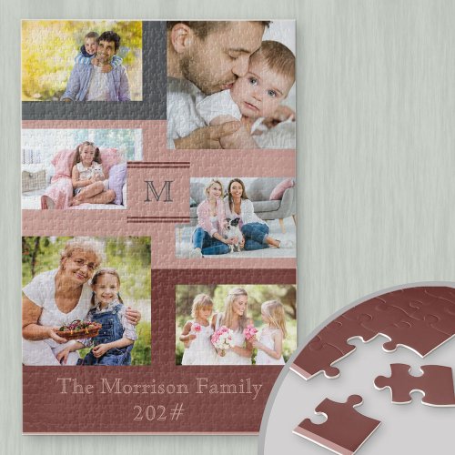 Family 6 Photo Collage Monogram Name Pink Jigsaw Puzzle