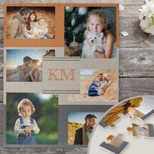 Family 6 Photo Collage Monogrammed Initials Jigsaw Puzzle